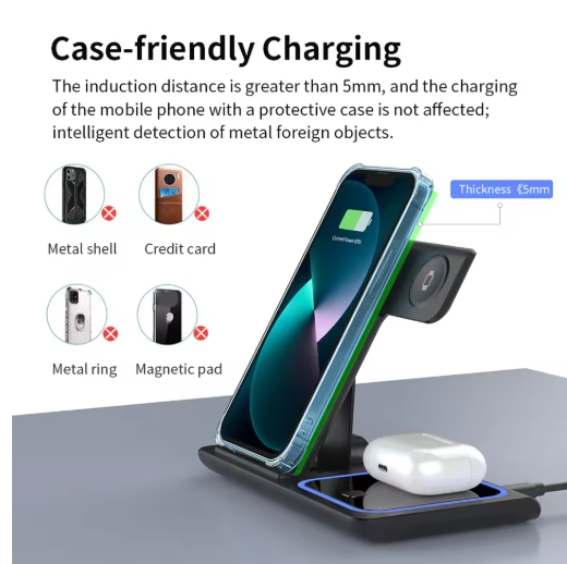 3 in 1 Wireless Charger Stand Pad Foldable Fast Charging Station Dock For iPhone 17 16 15 14 13 12 11 X 8 Apple Watch Airpods