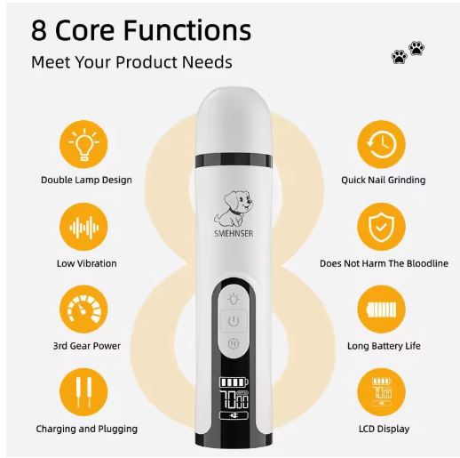 Pet Nail Grinder with LED Light - USB Rechargeable Clipper for Cats and Dogs, Professional Paws Grooming Trimmer Supplies