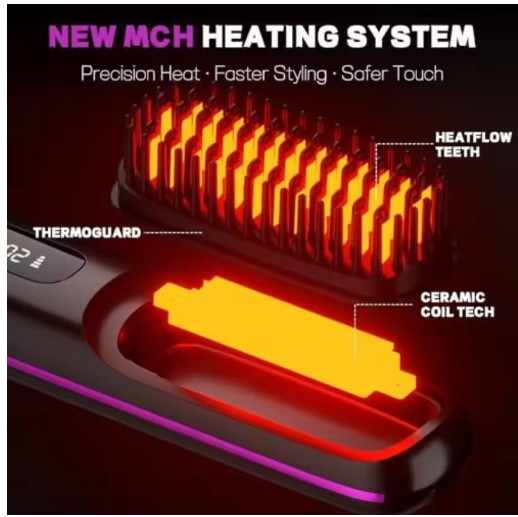 Upgrade Portable Straightener Brushs for Travel with LCD Temperature Display Fast Heating Cordless Mini Hair Brushs for Women